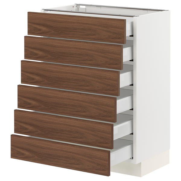 SEKTION / MAXIMERA Base cabinet 6 fronts/6 low drawers, white Enköping/brown walnut effect, 24x15x30 "