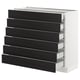 A white cabinet with black stained wooden drawers. It has six drawers with bevelled edges.