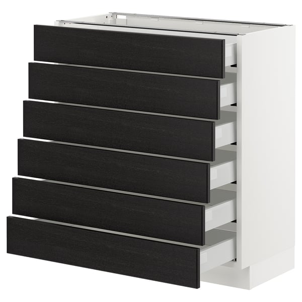 White ikea SEKTION kitchen cabinet with black drawers, modern minimalist design.