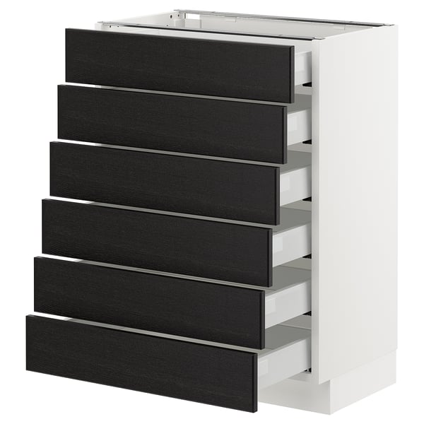 A white SEKTION kitchen cabinet with six black wooden drawers, featuring bevelled edges and a sleek design.