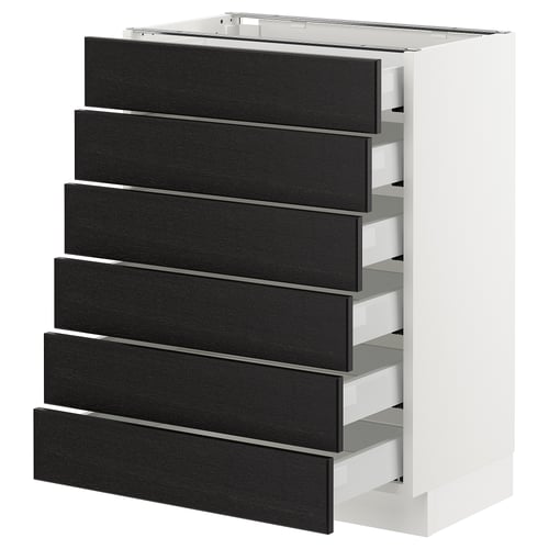 A white SEKTION kitchen cabinet with six black wooden drawers, featuring bevelled edges and a sleek design.