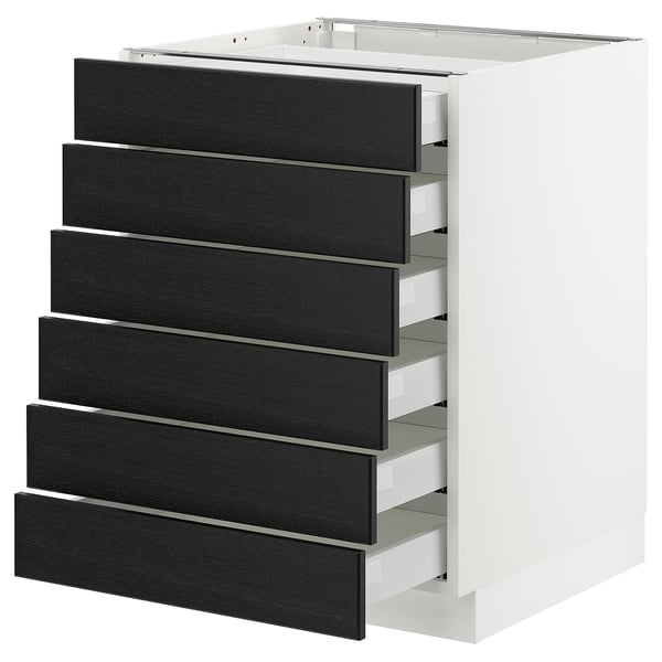A modern white SEKTION kitchen cabinet with six black stained ash drawers, featuring bevelled edges and a sleek, traditional design.