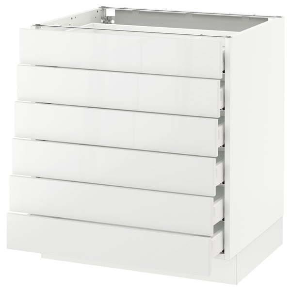 A white SEKTION kitchen cabinet with six glossy drawers and a sleek design.