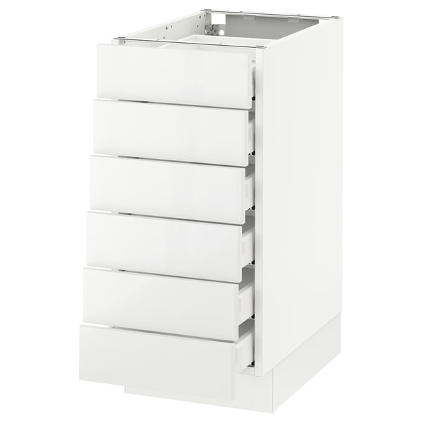A white SEKTION kitchen cabinet with five full-extension drawers. The sleek, modern design high-gloss drawer fronts.