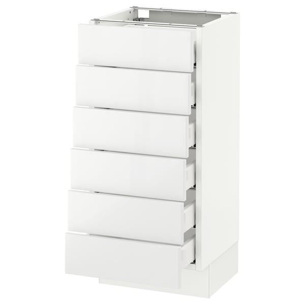 A white, modern kitchen cabinet with six drawers.
