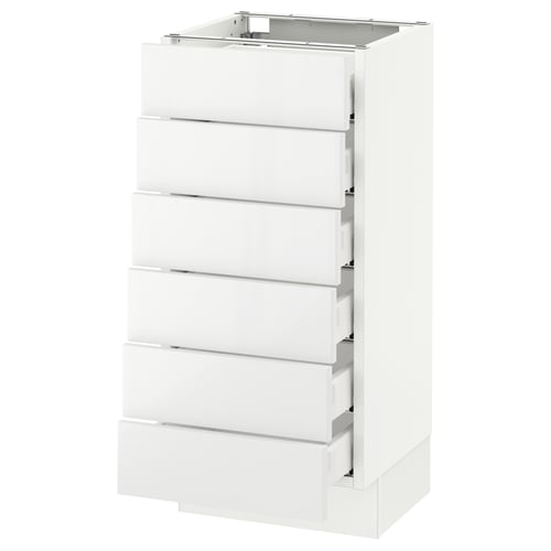 A white, modern kitchen cabinet with six drawers.