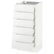 A white, modern kitchen cabinet with six drawers.