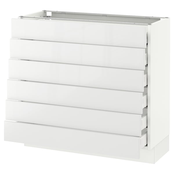 A white SEKTION kitchen cabinet with six modern, glossy drawers. The design is sleek and the cabinet is rectangular.