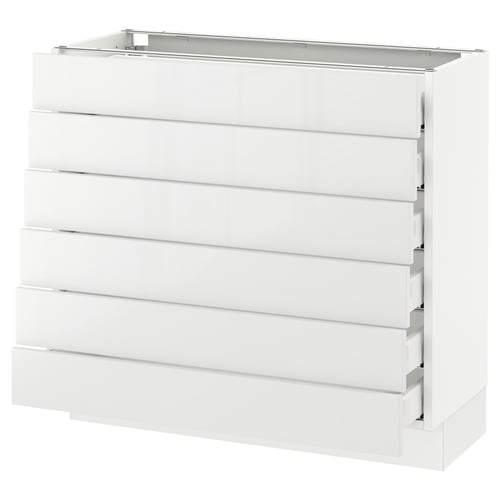 A white SEKTION kitchen cabinet with six modern, glossy drawers. The design is sleek and the cabinet is rectangular.