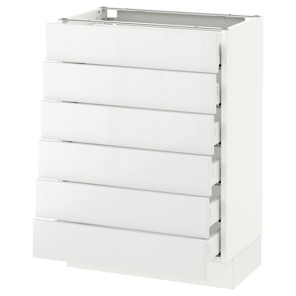 White SEKTION kitchen cabinet with multiple drawers, modern, high-gloss design.