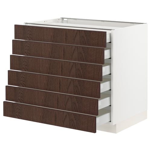 The SEKTION kitchen unit with six dark brown sinarp wooden drawers, featuring a sleek, rectangular design and smooth drawer fronts.