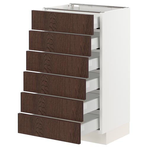 SEKTION kitchen unit with white frame and dark brown wooden drawers.