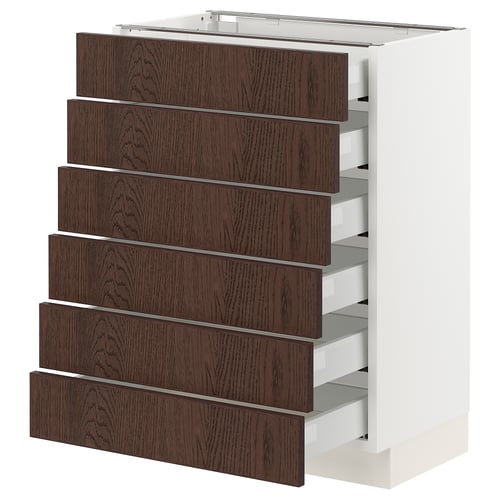 SEKTION kitchen unit, white and dark brown, six drawers with oak veneer, rectangular, modern design.