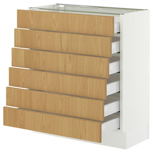 SEKTION white cabinet with six wooden drawers.