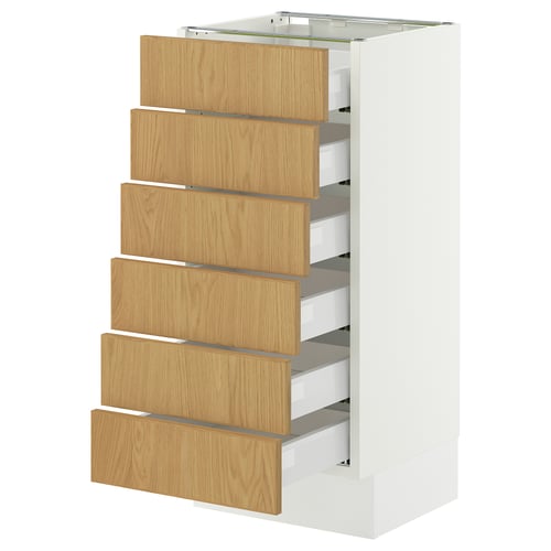 A white SEKTION cabinet with six wooden drawers, each featuring oak veneer and a smooth, full-extension design.
