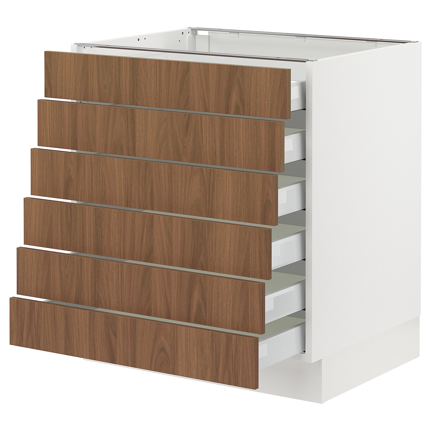 SEKTION / MAXIMERA, Base cabinet 6 fronts/6 low drawers, white/Tistorp brown walnut effect