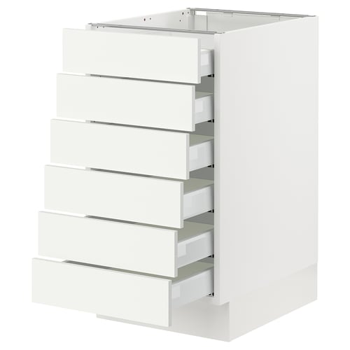 Ikea SEKTION white kitchen cabinet with five drawers.