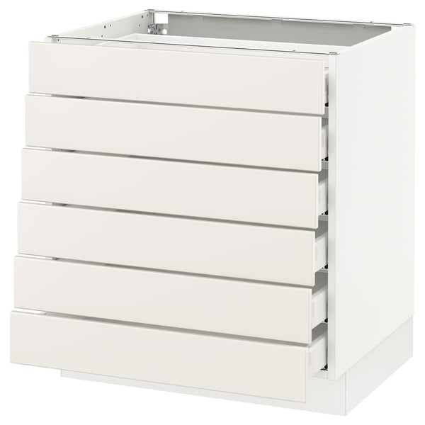 Depicts an all-white SEKTION kitchen cabinet with five full-extension drawers. The cabinets clean, modern design horizontal handles.