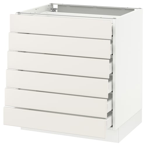 Depicts an all-white SEKTION kitchen cabinet with five full-extension drawers. The cabinets clean, modern design horizontal handles.
