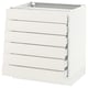Depicts an all-white SEKTION kitchen cabinet with five full-extension drawers. The cabinets clean, modern design horizontal handles.