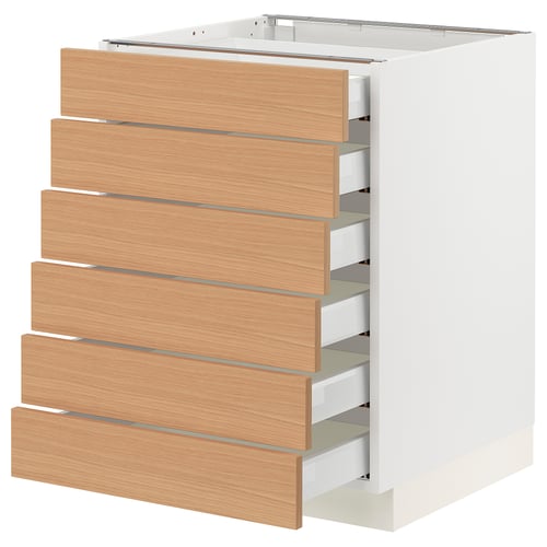 SEKTION kitchen cabinet in white and oak, featuring six wooden drawers with sleek handles, a sturdy build, and a modern design.