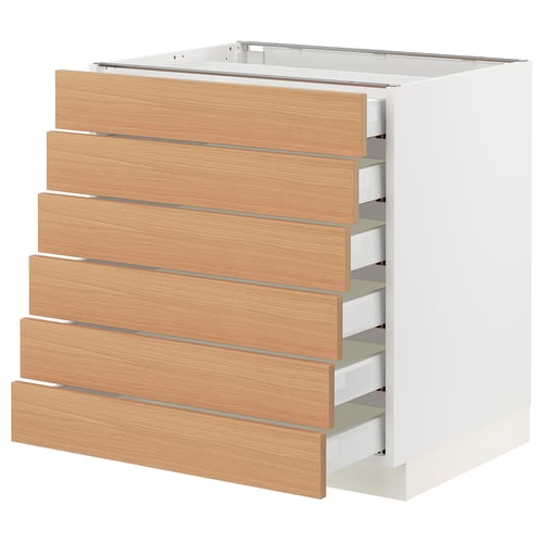 Modern kitchen cabinet, SEKTION series, white, with six wooden drawers, in oak, rectangular shape.
