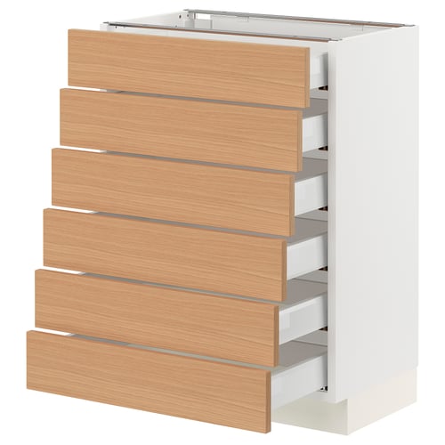 Light oak SEKTION kitchen cabinet with 6 sleek drawers and white frame.