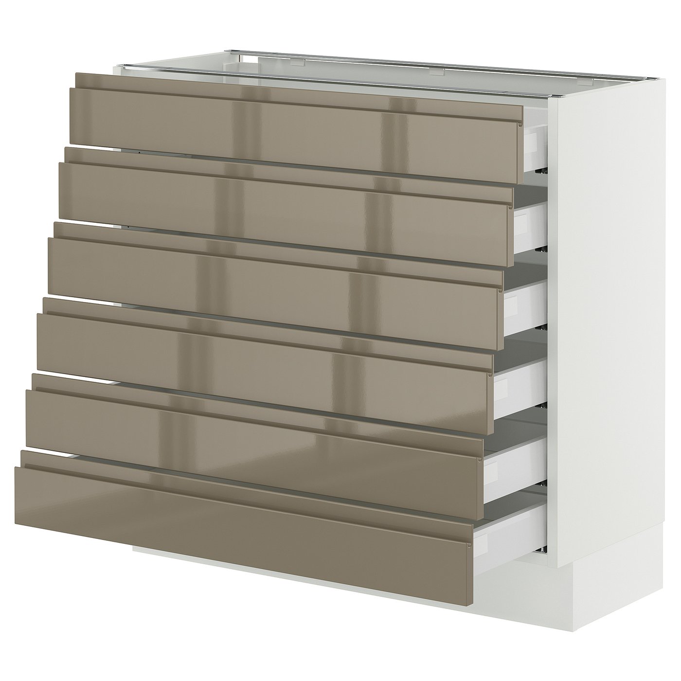 SEKTION / MAXIMERA, Base cabinet 6 fronts/6 low drawers, white/Voxtorp high-gloss dark grey-brown