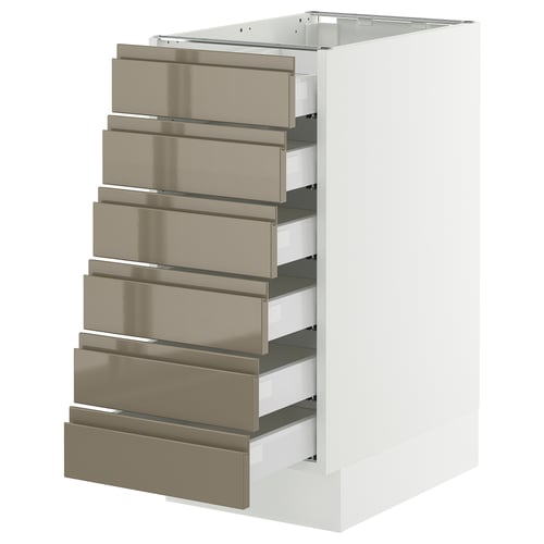 Modern kitchen drawer unit, white with seven steel grey drawers, sleek and minimalist.