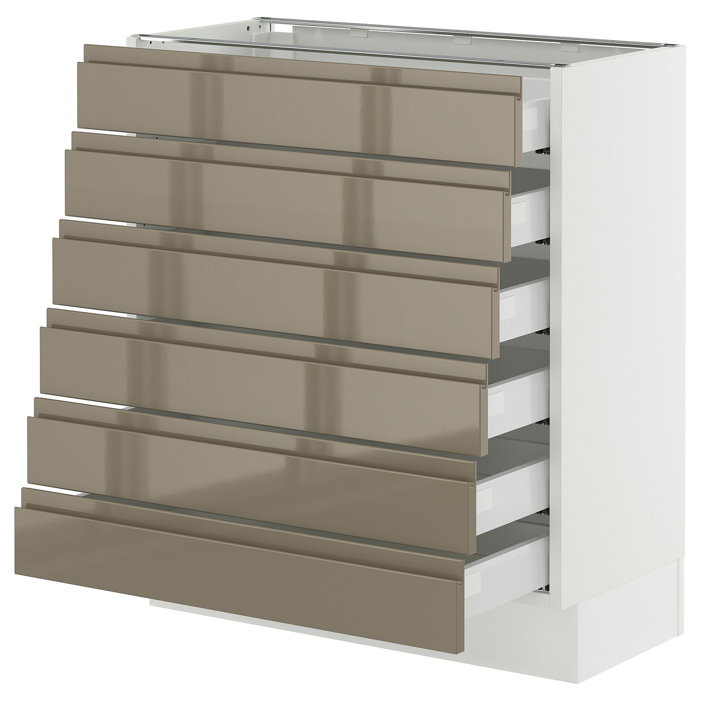 SEKTION / MAXIMERA, Base cabinet 6 fronts/6 low drawers, white/Voxtorp high-gloss dark grey-brown