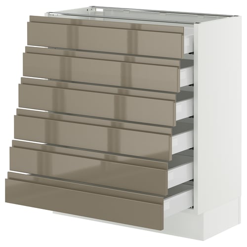 An ikea SEKTION kitchen cabinet with seven high-gloss dark grey-brown drawers, featuring sleek handles and smooth-running mechanisms.