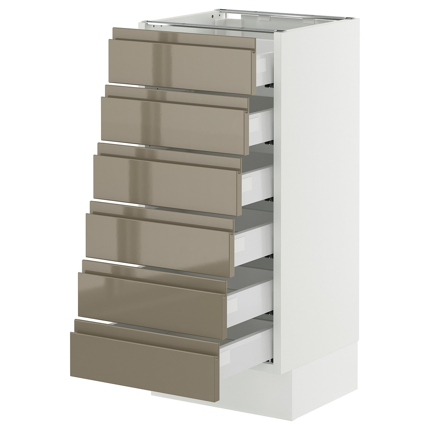 SEKTION / MAXIMERA, Base cabinet 6 fronts/6 low drawers, white/Voxtorp high-gloss dark grey-brown