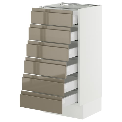A white SEKTION kitchen unit with seven high gloss, dark grey-brown drawers, each having integrated handles.