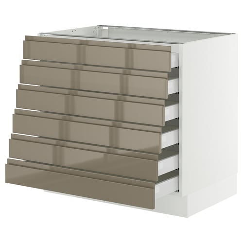 Modern metallic kitchen cabinet with 6 drawers, dark grey-brown finish, sturdy frame, smooth drawers.