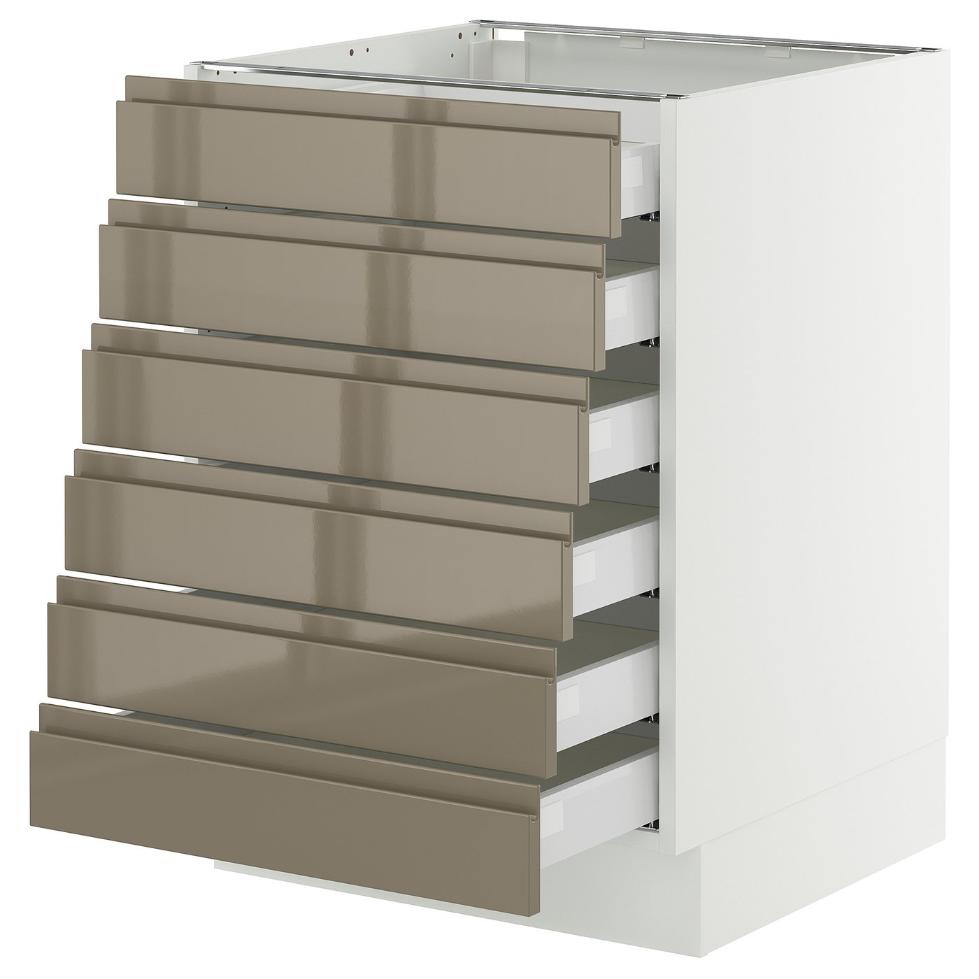 SEKTION / MAXIMERA, Base cabinet 6 fronts/6 low drawers, white/Voxtorp high-gloss dark grey-brown