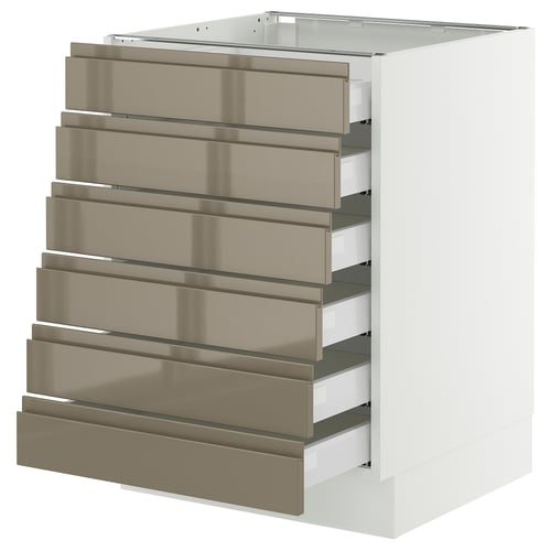 SEKTION white cabinet with eight high gloss dark grey-brown drawers, slim handles, modern design, sturdy build.