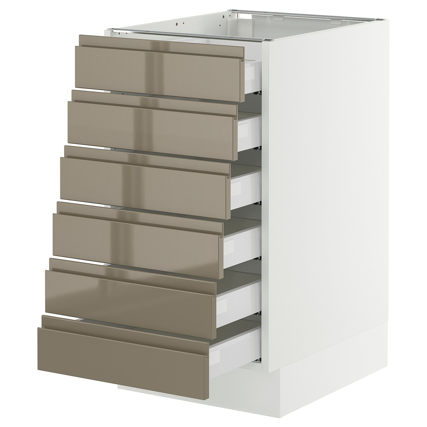 SEKTION / MAXIMERA, Base cabinet 6 fronts/6 low drawers, white/Voxtorp high-gloss dark grey-brown
