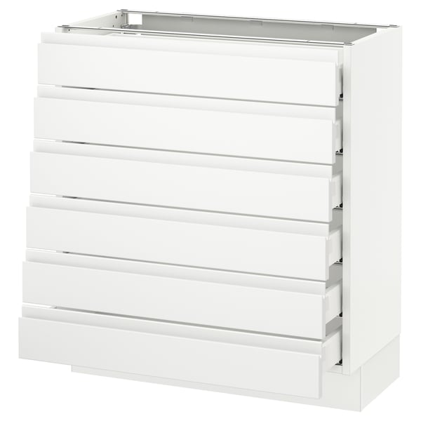A white SEKTION kitchen cabinet with five integrated-handle drawers. The minimalist drawers are neatly organised, offering a sleek and modern design.