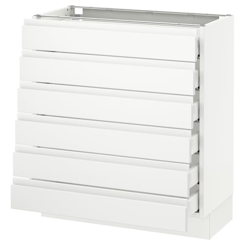 A white SEKTION kitchen cabinet with five integrated-handle drawers. The minimalist drawers are neatly organised, offering a sleek and modern design.