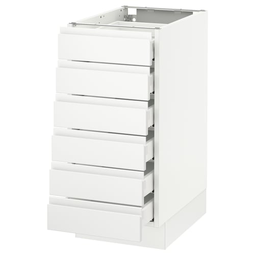 A white SEKTION kitchen cabinet with five integrated drawers. The sleek modern design clean lines, a minimalist look, and a smooth finish.