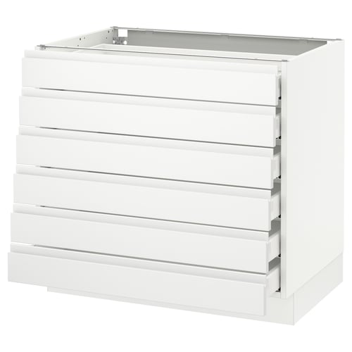 A white SEKTION kitchen cabinet with six smooth-running drawers featuring integrated handles and a minimalist design.