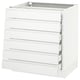 Displays a white SEKTION kitchen cabinet with six integrated handles and smooth-damping drawers.