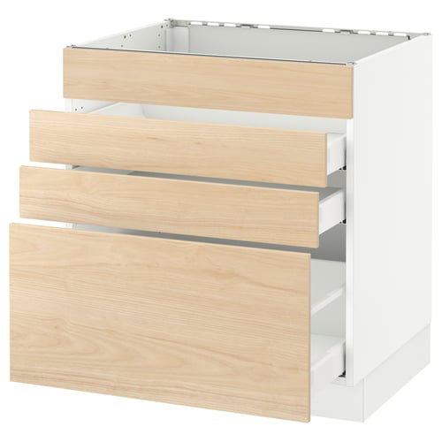 Light wood SEKTION kitchen cabinet with three open drawers, white frame, smooth-running drawer system.