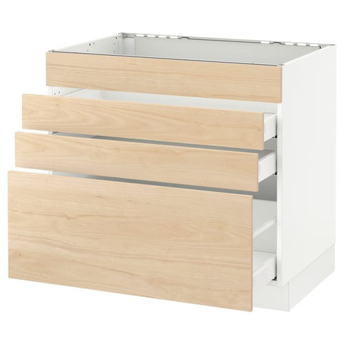 Modern kitchen unit, light ash wood, three drawers, white sides, rectangular shape.