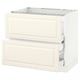 Off-white cream-colored kitchen cabinet with bevelled drawers.