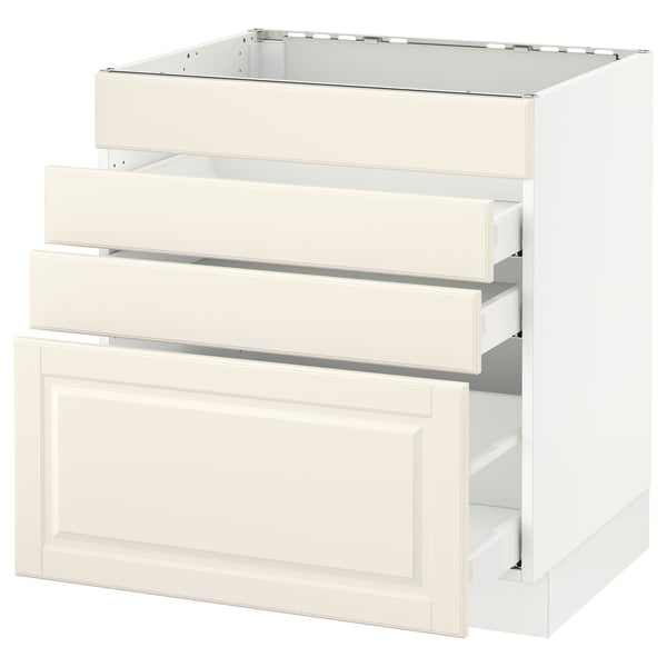 An off-white, modern kitchen cabinet unit with three drawers and a door, featuring bevelled edges and a sturdy frame construction.