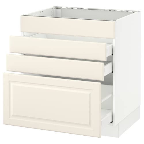 An off-white, modern kitchen cabinet unit with three drawers and a door, featuring bevelled edges and a sturdy frame construction.