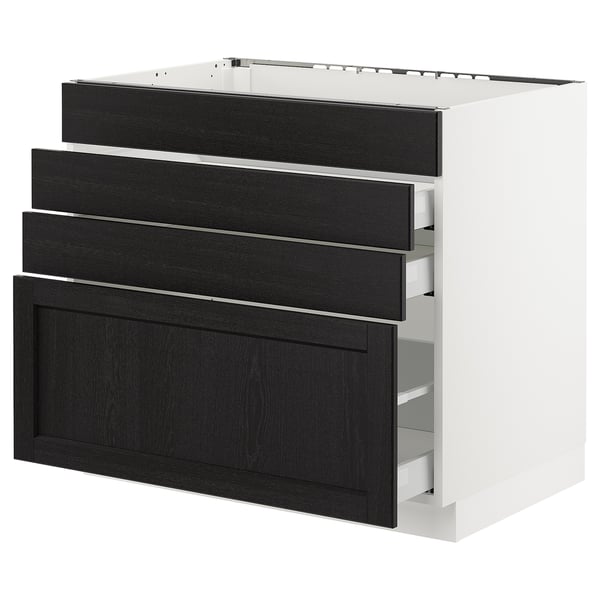 SEKTION kitchen cabinet, black stained wood, white sides, 3 pull-out drawers, modern design.