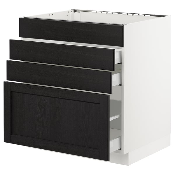Modern kitchen unit with white cabinet and black drawers. Classic bevelled edges, five drawers, sturdy construction.