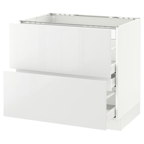 White kitchen cabinet, sleek design, glossy finish, rectangular shape, with two open drawers, part of ikea SEKTION system.
